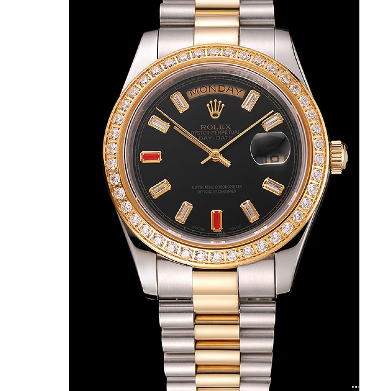 Aaa replica watch Swiss Two Rolex Rubies Bracelet Day-Date 1454105 And Dial Diamonds Black Tone 0709